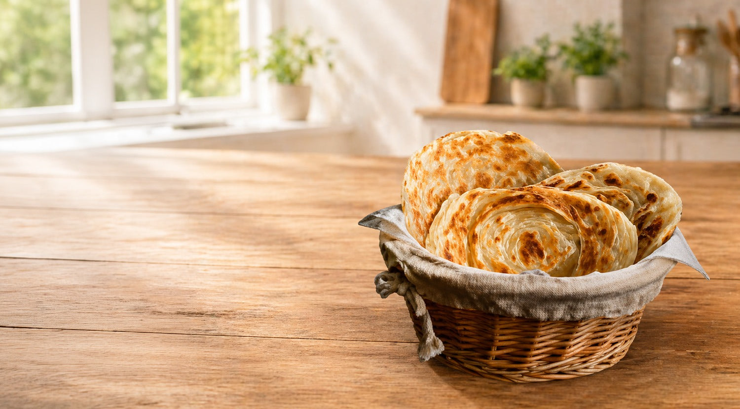 Soft and flaky Malabar parotta served fresh on a plate, showcasing authentic South Indian taste from Kera Fresh