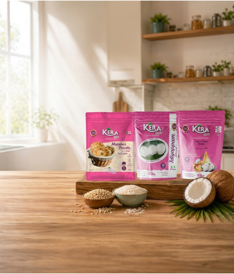 Assorted South Indian foods including soft parotta, idiyappam, and fresh rice and dosa batter displayed on a home page banner by Kera Fresh