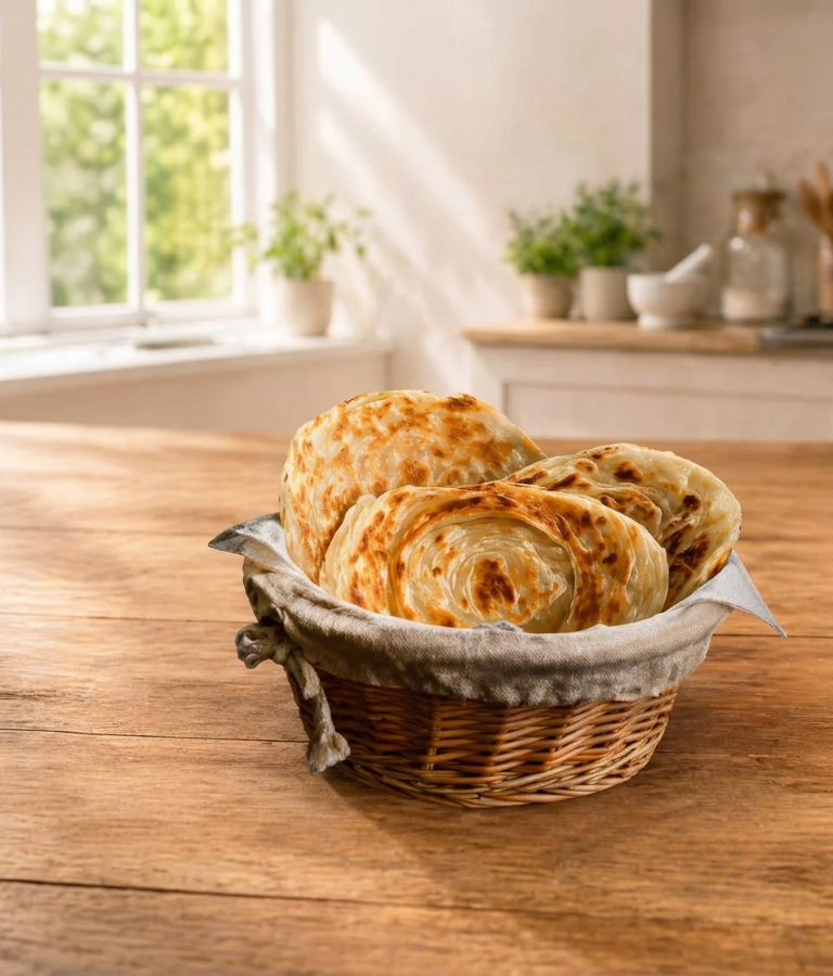 Soft and flaky Malabar parotta served fresh on a plate, showcasing authentic South Indian taste from Kera Fresh